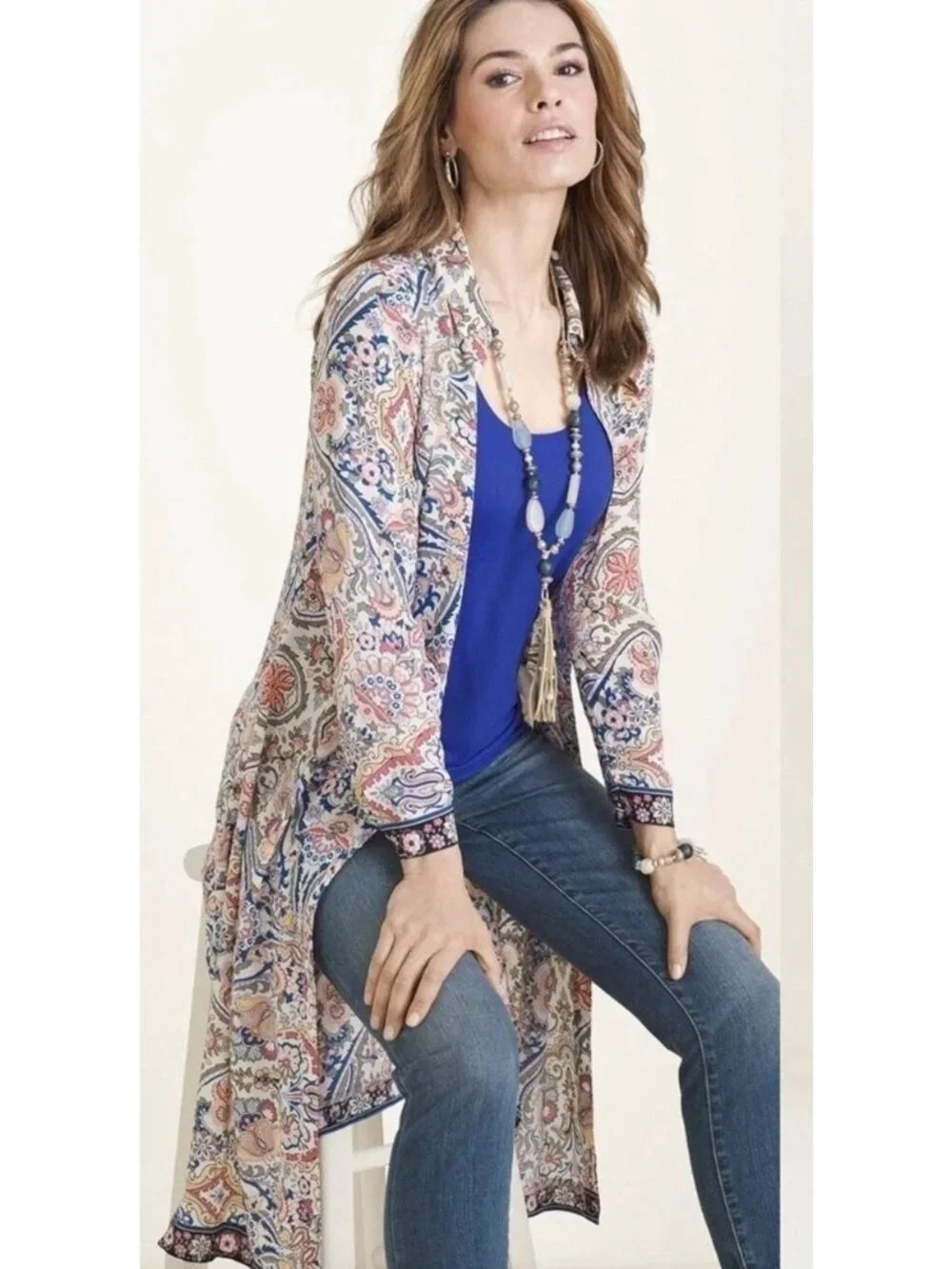 Chico's Paisley Floral Print Tunic Long Sleeve Button Front Shirt Blouse Duster - Picture 1 of 13